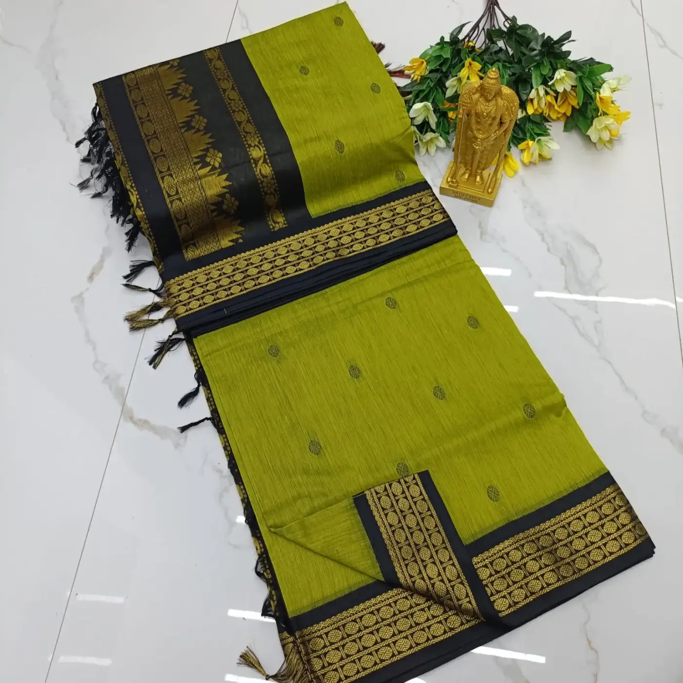 Lime Green Floral Zari Butta Kalyani Cotton Saree